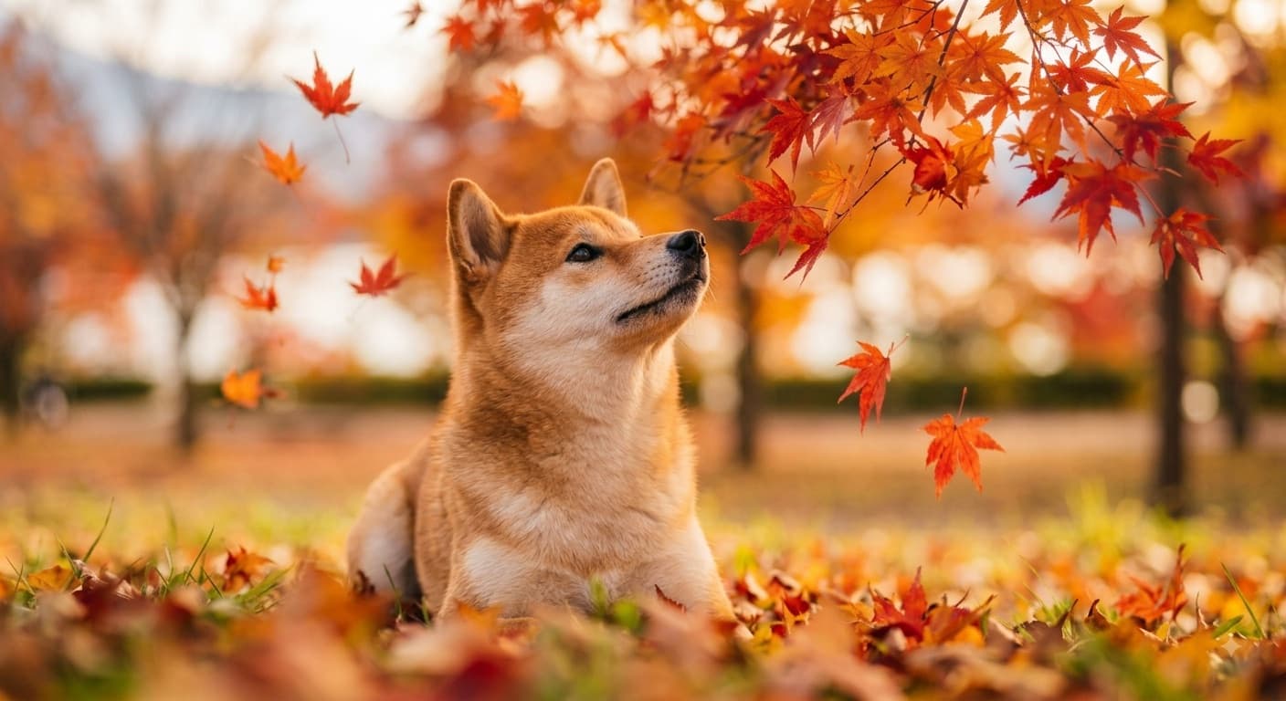 紅葉の公園で、色づいた葉を見上げる柴犬